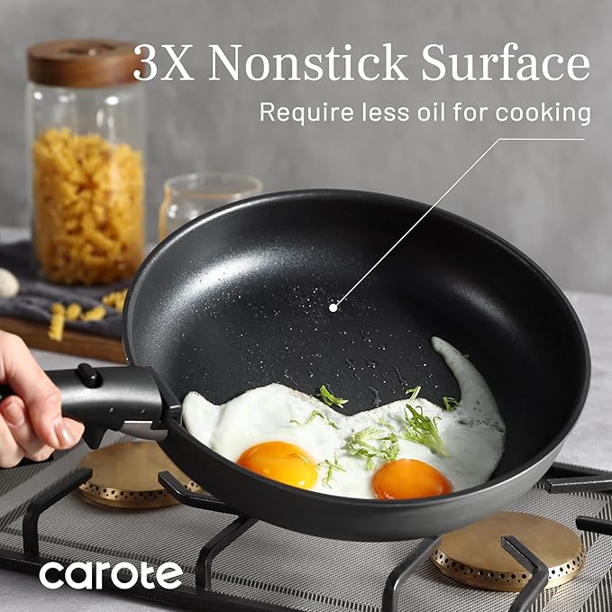CAROTE 20pcs 4-Ply Premium Hard Anodized Pots and Pans Set Non Stick with Detachable Handle Dishwasher/Oven Safe RV Kitchen Cookware Set Nonstick Induction Cookware Large Capacity Pans and Pot Set