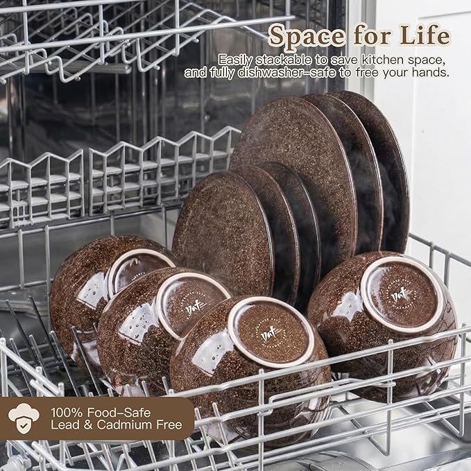 Plates and Bowls Sets 12 Pieces Dark Blue Dinnerware Sets for Kitchen Reactive Glaze Dishes Set for 4 Dishwasher and Microwave Safe Series Starflecked Shore(Brown)