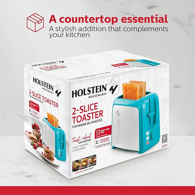 Holstein Housewares 2-Slice Toaster with 7 Browning Settings Extra-Wide Slots Reheat Defrost Cancel High-Lift Release Removable Crumb Tray – Compact Stainless Steel Teal