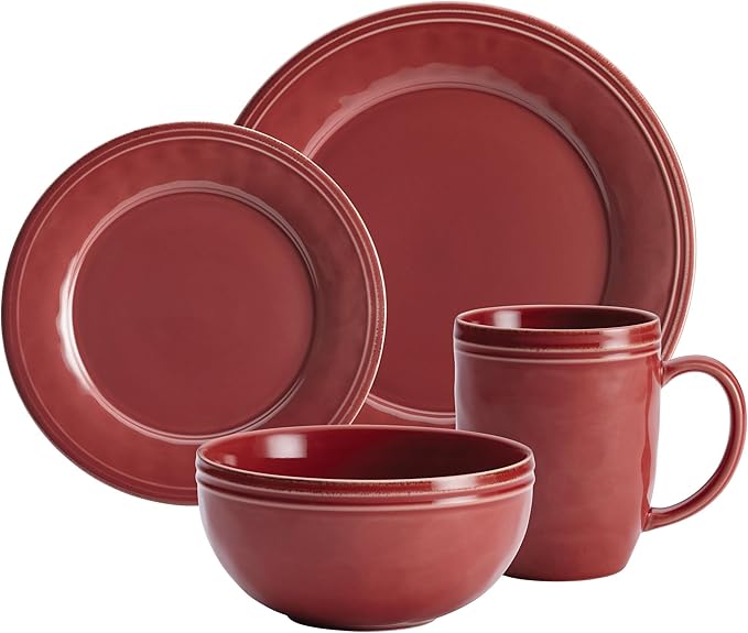 Rachael Ray Cucina Dinnerware 16-Piece Stoneware Dinnerware Set Cranberry Red