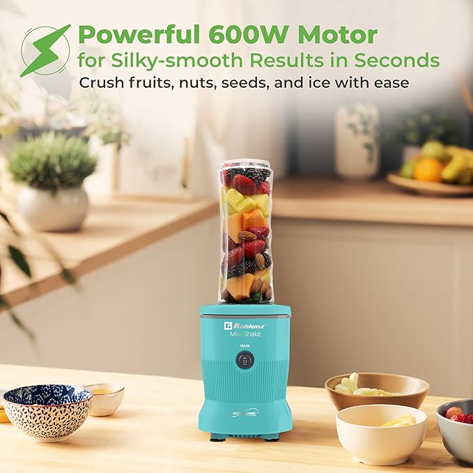 Koblenz Mix&ampShake Blender 20 oz Portable Blender 600W Motor Pulse ON/OFF Functions Stainless Steel Blades Shakes Sauces Smoothie Maker (1) 20 oz To-Go Bottle Green MSKM-600 V