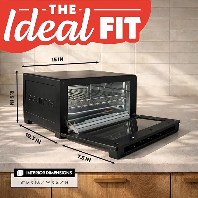 Gourmia Toaster Oven Digital Air Fryer - Convection Mode with 4 Slice Capacity 3 Rack Positions 12 Presets Toast Bagel Bake Roast Broil Dehydrate Popcorn Fits 9 Pizza Black