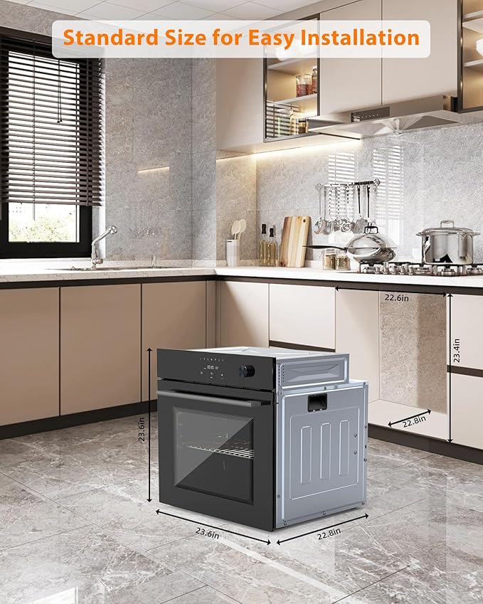 24 Electric Built-in Wall Oven - Single Design with 8 Cooking Modes 108 Smart Menus 2.5 Cu.ft Convection Stainless Steel Touch Control Timer Safety Lock 3000W 240V Black