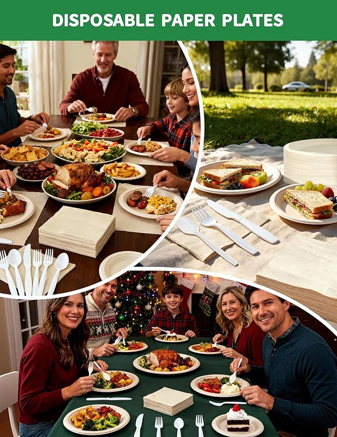 300 Pcs Compostable Dinnerware Set - Serves 50 Guests with Heavy Duty 9 &amp 7 Inch Plates Napkins &amp Cutlery | Biodegradable Sugarcane Eco-Friendly Party Supplies for Birthday Christmas Holida