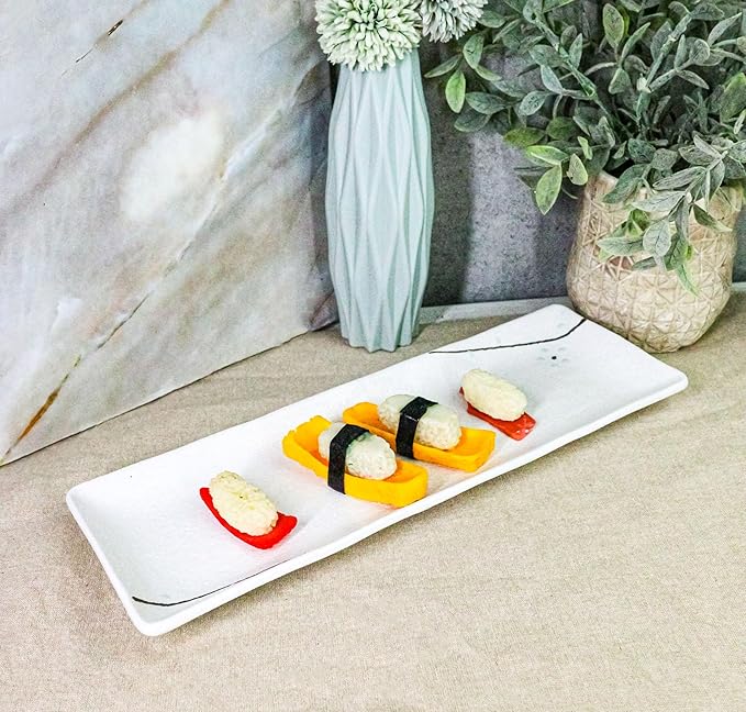 Ebros Gift Modern Yukino Hana Snow Flowers Ceramic Dinnerware Serveware Kitchenware Set Oriental Asian Restaurant Supply (Pack Of 5 Rectangular Serving Platter 14L)