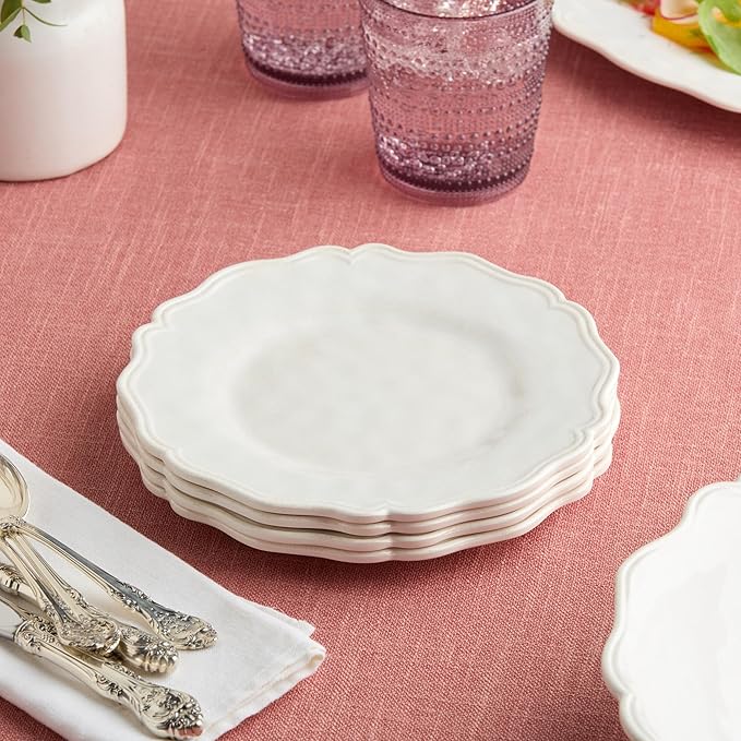 Isabella Cream 12-Piece Melamine Dinnerware Set for 4 – Crackle Glaze Plates &amp Bowls with Scalloped Edges Dishwasher Safe Durable Unbreakable Tableware for Indoor &amp Outdoor Dining
