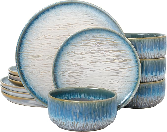 Joseph Sedgh Collection “Talia” 12-piece Stoneware Dinnerware Set with Reactive Glaze Finish Service for 4 Blue Reactive Glaze