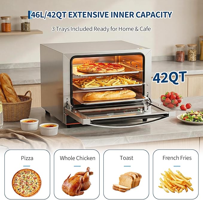 Garvee Commercial Convection Oven Countertop 46L/42Qt 1800W Toaster 3-Tier Electric Oven w/Front Glass Door Trays Wire Racks Clip Gloves 120V