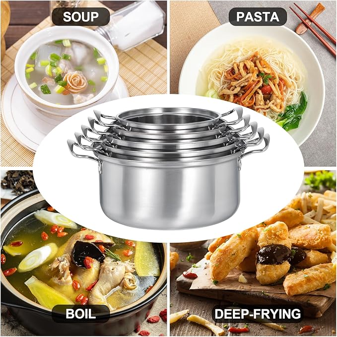 Kichvoe 5 Sets Stainless Steel Stock Pots Set with Glass Lids - Induction Cookware for Kitchen Use - Double Handle Soup Pots
