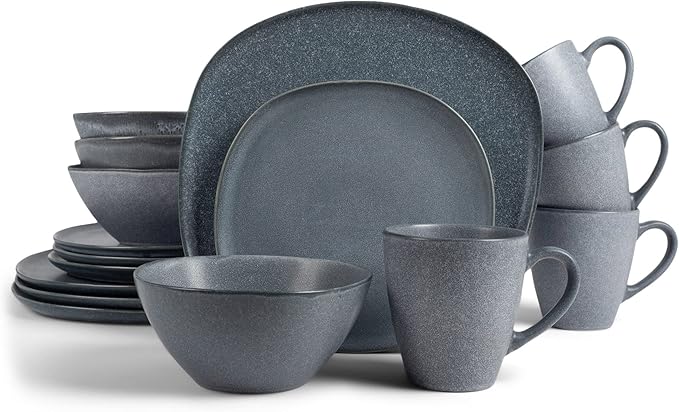 Elanze Designs 16-Piece Modern Luxury Chic Smooth Vintage Handmade Shape Matte Finish Ceramic Stoneware Square Plate Mug &amp Bowl Kitchen Dinnerware 16 Piece Set - Service for 4 Slate Grey