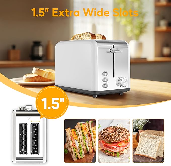 HealSmart 2-Slice Stainless Steel Toaster 6 Browning Setting and 3 Function Toaster Extra Wide Slot &amp Removable Crumb Tray for Bread &amp Waffle White