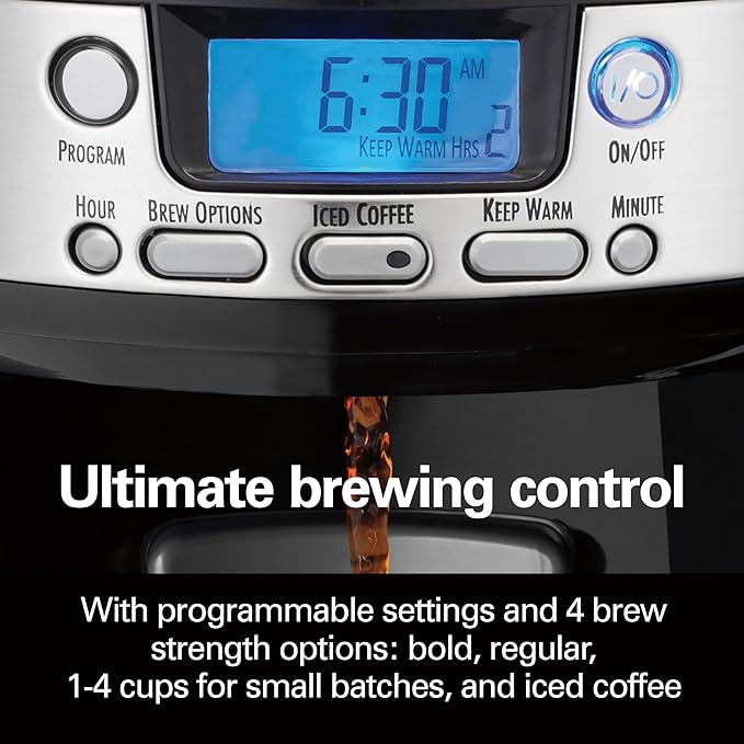 Hamilton Beach One Press Programmable Dispensing 12 Cup Coffee Maker with Internal Coffee Pot Stays Warm and Fresh for Hours 60 oz. Removable Reservoir Black &amp Stainless Steel (47950)