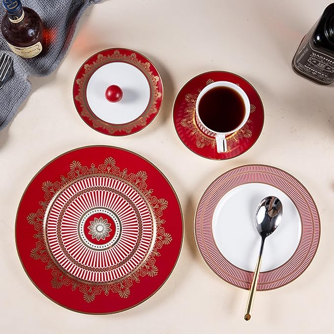 European Style Dinnerware Set Service for 2 Bone China Dinnerware Sets Unbreakable Porcelain Dinner Sets Coffee Cup and Saucer Tableware Set Steak Dinner Plates Dish Set Red Radiant Gold-3