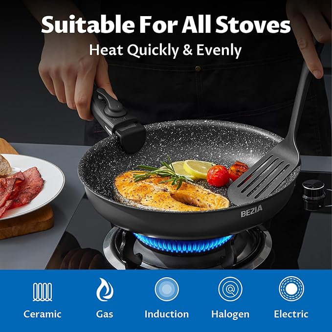 BEZIA Induction Cookware Set 10 Pieces Nonstick Pots and Pans Set with Removable Handles for All Hobs Stackable Design Dishwasher/Oven Safe PFAS Free