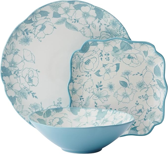Pfaltzgraff Garden Blossom Floral 12 Piece Plate Bowl Dinnerware Set Blue