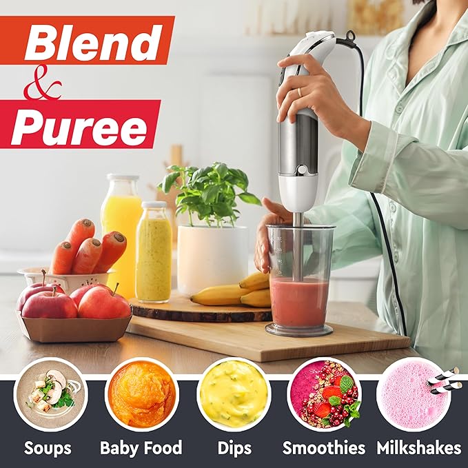 Mueller Multistick 800W 5-in-1 Immersion Blender Handheld 12 Speed Hand Mixer - Turbo Boost Heaviest Duty Copper Motor Titanium Blades Blenders for Kitchen Milk Frother Wand Whisk White