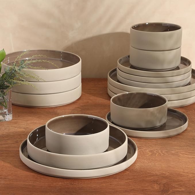 Gibson Elite Liberty Bay 16-Piece Pottery Clay Stoneware Dinnerware Set – Mocha Brown Reactive Glaze Stackable Plates and Bowls W/Pasta Bowl Service for 4 – Microwave &amp Dishwasher Safe