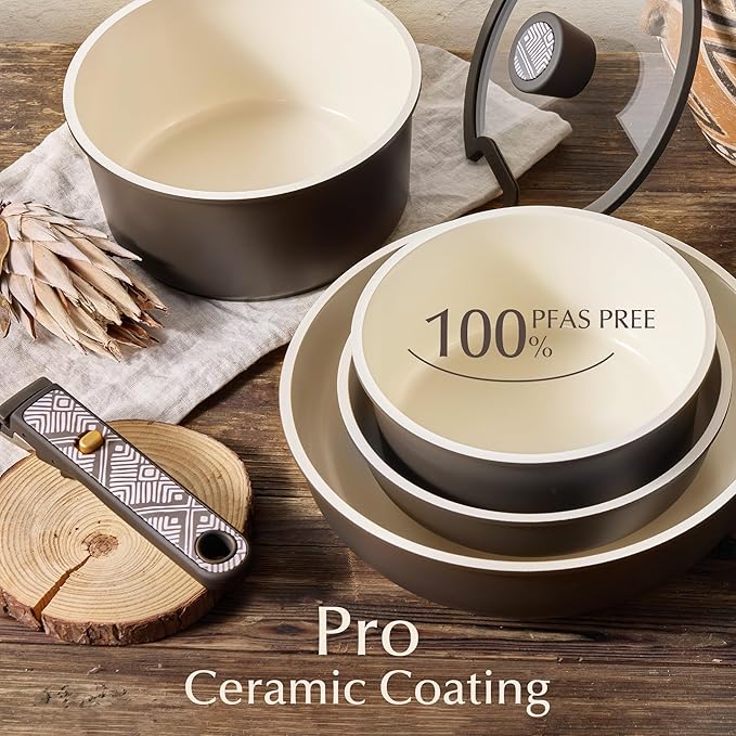 CAROTE 21-Piece Ceramic Cookware Set Nonstick Pots and Pans Set with Detachable Handle Non-Toxic Kitchen Cooking Set Induction Compatible Dishwasher &amp Oven Safe Charcoal
