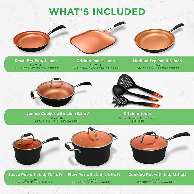 NutriChef 14-Piece Nonstick Kitchen Cookware Set – PFOA/PFOS-Free Copper/Hard-Anodized Induction Compatible Stackable Luxury Design Includes Pots Pans Jumbo Cooker Griddle and Utensils