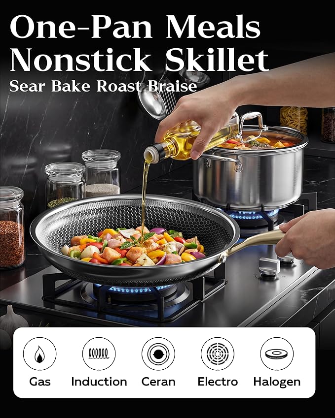 Honeycomb Stainless Steel Nonstick Frying Pan with Lid Set Induction Cooktop Compatible Skillet PFOA-Free Scratch-Proof Dishwasher &amp Oven Safe Gold Kitchen Cookware