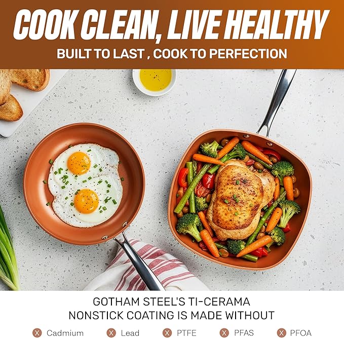Gotham Steel 12 Pc Ceramic Cookware Set Nonstick Ceramic Pots and Pans Set Non Stick with Steamer for Cooking Non Toxic PFOA PFOS Free Ergonomic Stay Cool Handles Oven &amp Dishwasher Safe Coppe