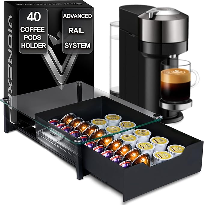 Elegant Coffee Pod Holder with Rail Drawer for Nespresso - 40-Pod Capacity for Nespresso Vertuoline &amp K-Cup Capsule - Tempered Glass and Anti-Slip Base Metal Coffee Pods Organizer