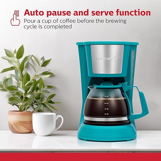 Holstein Housewares 5 Cup Drip Coffee Maker – Compact and User-Friendly with Auto Pause &amp Serve Reusable Filter Measuring Spoon &amp Glass Carafe Office &amp Dorm Use Teal