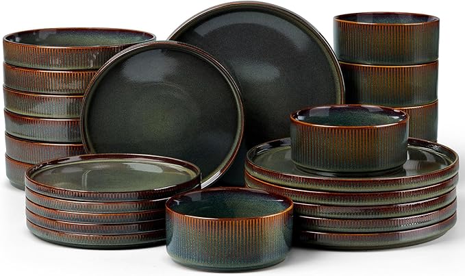 LIANYU Dinnerware Sets with Pasta Bowls 24 Piece Ribbed Dinnerware Plates and Bowls Set for 6 Elegant Modern Stoneware Dishes Set for Kitchen Dining Microwave and Dishwasher Safe Jungle Green