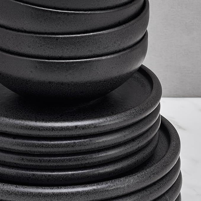 Mikasa Declan 12 Piece Stoneware Dinnerware Set Service for 4 Modern Black Plate and Bowl Dishes with High Rims Black