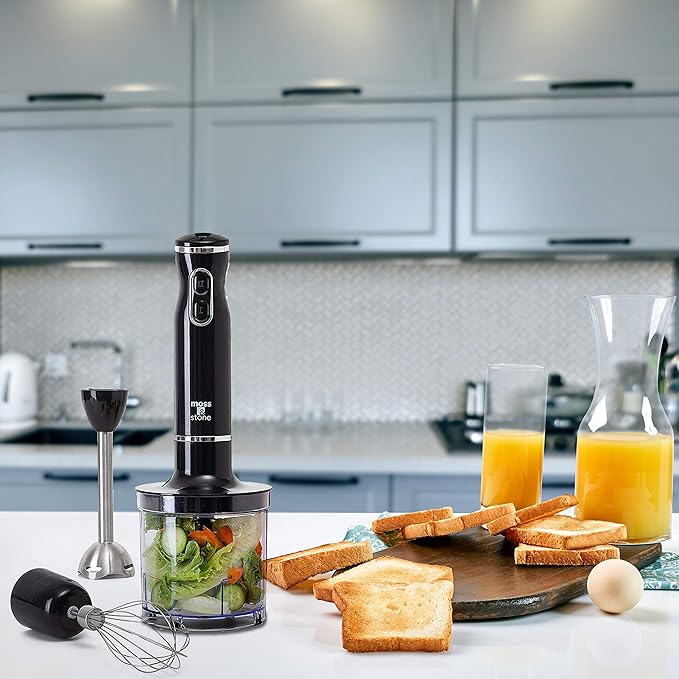 Moss &amp Stone Electric Hand Blender Set 300W Immersion Hand Blender with Whisk and Chopper Stainless Steel Shaft and Blades 2-Speed Handheld Mixer with Ergonomic Grip Black