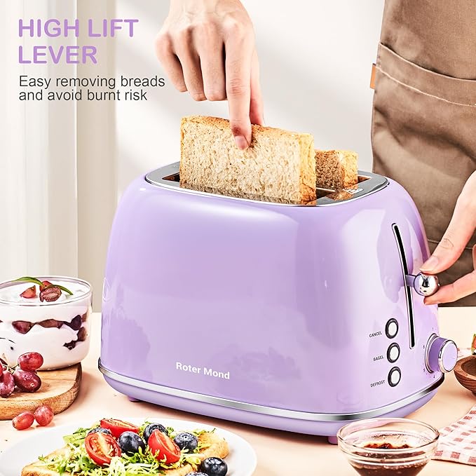 Roter Mond 2 Slice Toaster Retro Stainless Steel with Bagel Cancel and Defrost Functions 6 Bread Shade Settings Extra Wide Slots and Removable Crumb Tray Lavender-Purple
