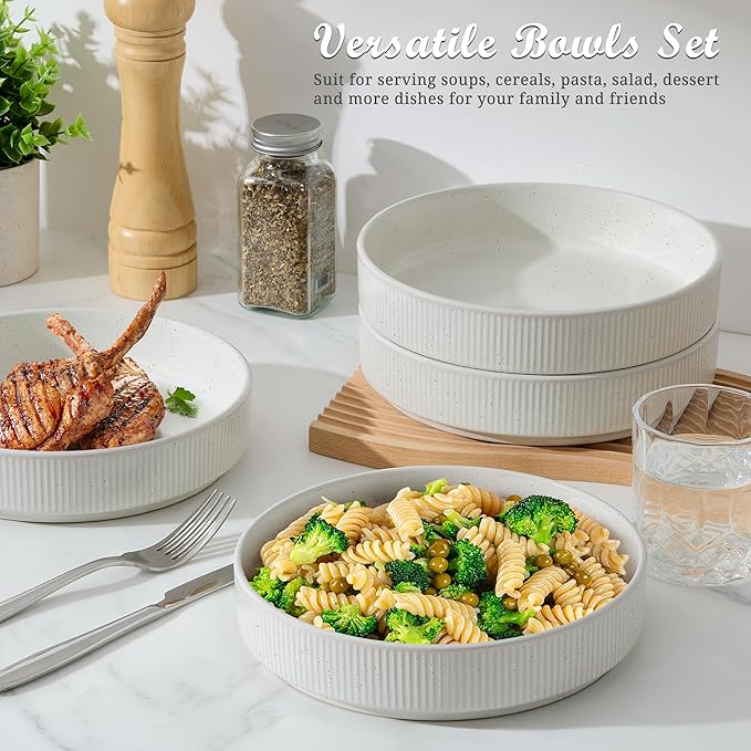 E-far 12-Piece Plates and Bowls Sets with 35oz Pasta Bowls Set of 4 Stoneware Dinnerware Dishes Sets Kitchen Modern Dining Dishware Speckled White