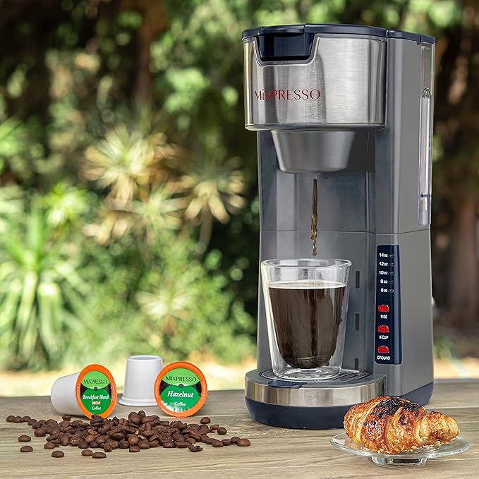 Mixpresso Gray Single Serve Coffee Brewer K-Cup Pods Compatible &amp Ground 30 oz Compact Coffee Maker Single Serve With 5 Brew Sizes Up To 14 Oz Fits Travel Mug Adjustable Drip Tray