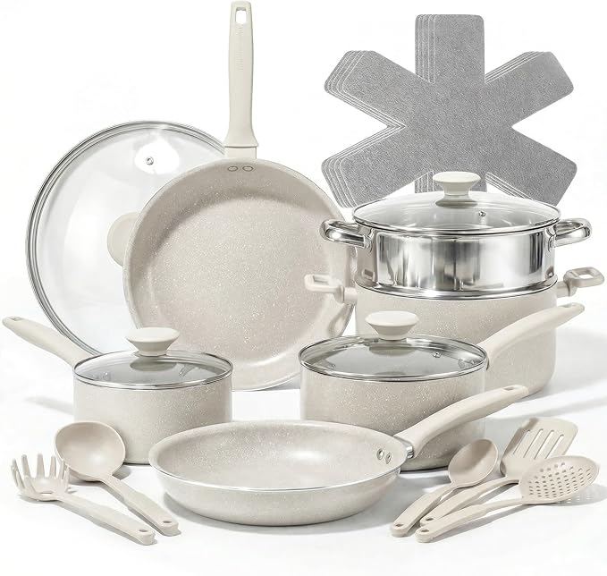 Granitestone 20 Pc Pots and Pans Set Non Stick Cookware Set with Steamer Cooking Utensils and Pad Protectors Stay Cool Handles Oven and Dishwasher Safe