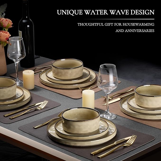 Vesteel Dinnerware Sets 12-Piece Stoneware Plates and Bowls Set Dishes Set for 4 Elegant Ceramic Dinnerware for Home Restaurant - Khaki