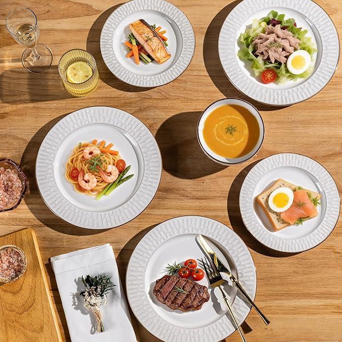 GBHOME Ceramic Dinnerware Sets18 pcs Embossed Elegant Stoneware Plates and Bowls Sets Housewarming Wedding Gift | Dishwasher &amp Microwave Safe | Dishes Set Service for 6