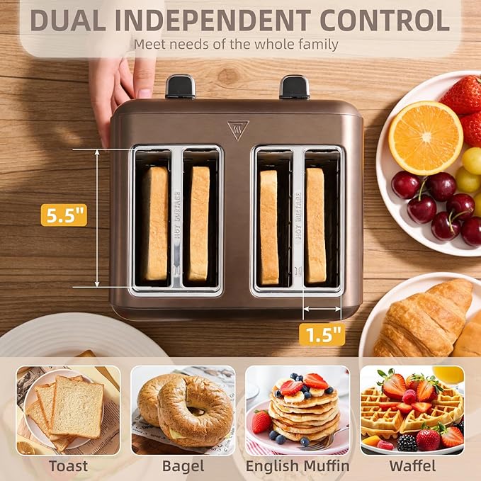 4-Slice Toaster with LCD Display Dual Control for Bagel 6 Shade Settings Extra Wide Slots Stainless Steel with High Lift Lever Removable Crumb Tray 1500W (Dark Metallic)