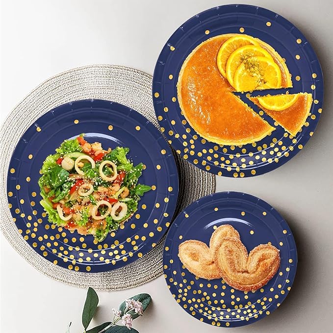 175PCS Blue Plates and Napkins Party Supplies Blue and Gold Party Decorations Serve 25 Guests - Royal Blue Paper Plates for Birthday 2026 Graduation Party Decorations