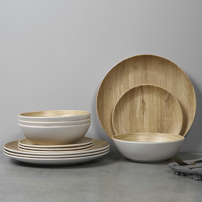 Melamine Dinnerware Set - 12pcs dinnerware set Indoor and Outdoor use Bamboo Pattern Dishes Dinnerware Set for 4Dishwasher Safe (Wood Grain)