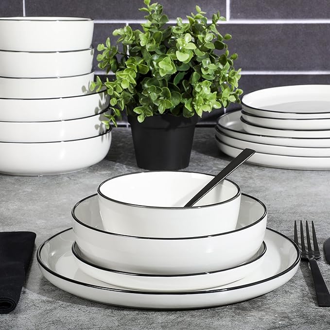 Gibson Home Oslo 16-Piece Porcelain Dinnerware Set Service for 4 – White Plates with Black Rim Microwave &amp Dishwasher Safe