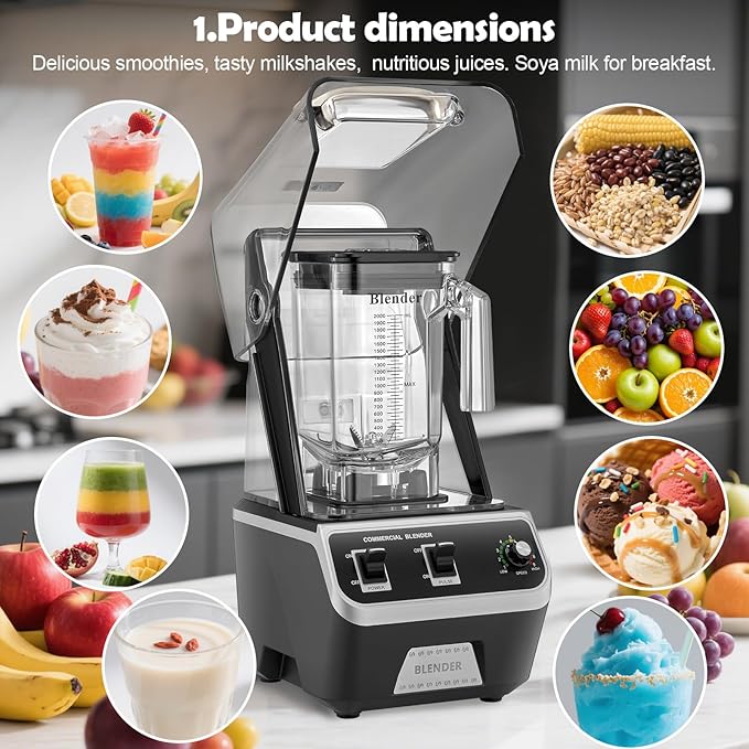 2200W Commercial Blender for Smoothies - Professional Grade High Speed Quiet Electric Countertop Blenders with Sound Enclosure 68oz for Kitchen &amp Home Use