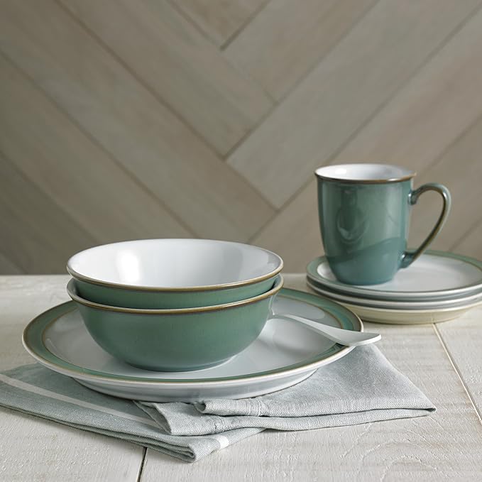 Denby - Regency Green Dinner Set For 4-16 Piece Ceramic Green White Tableware Set - Dishwasher Microwave Safe Crockery Set - 4 x Dinner Plates 4 x Small Plates 4 x Cereal Bowls 4 x Mugs