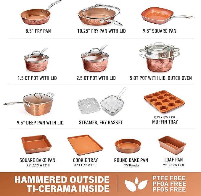 Gotham Steel 20pc Copper Cookware &amp Bakeware Set + Double Sided Copper Pan for Pancakes &amp More
