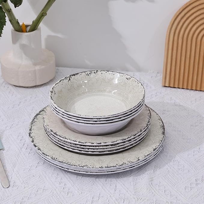 Melamine Dinnerware Set for 4 12-Piece Rusty Gray – BPA-Free Dishwasher-Safe Plates &amp Bowls for Indoor Outdoor Dining Portable and Reusable