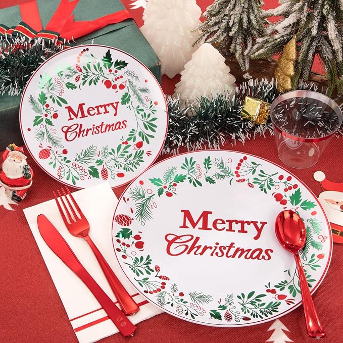 bUCLA 175PCS Christmas Plates Dinnerware Set - Green and Red Christmas Plastic Plates and Napkins Disposable Include 25 Dinner Plates25 Dessert Plates75 Cutlery25 Cups&amp25 Napkins