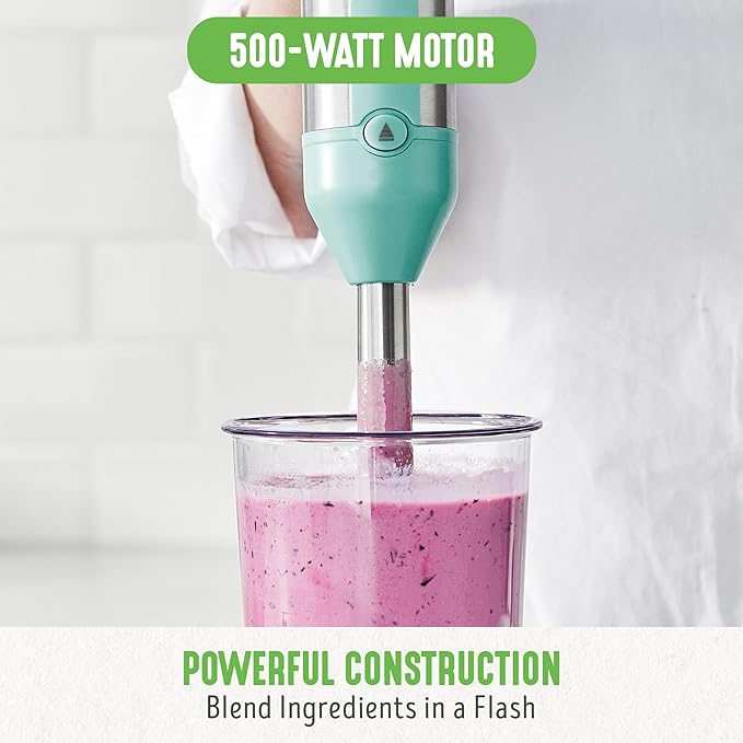 GreenLife 500-Watt Immersion Electric Handheld Stick Blender with Stainless Steel Blades Whisk Frother Measuring Cup and Lid Soups Puree Cake Multi-Speed Control Portable Turquoise