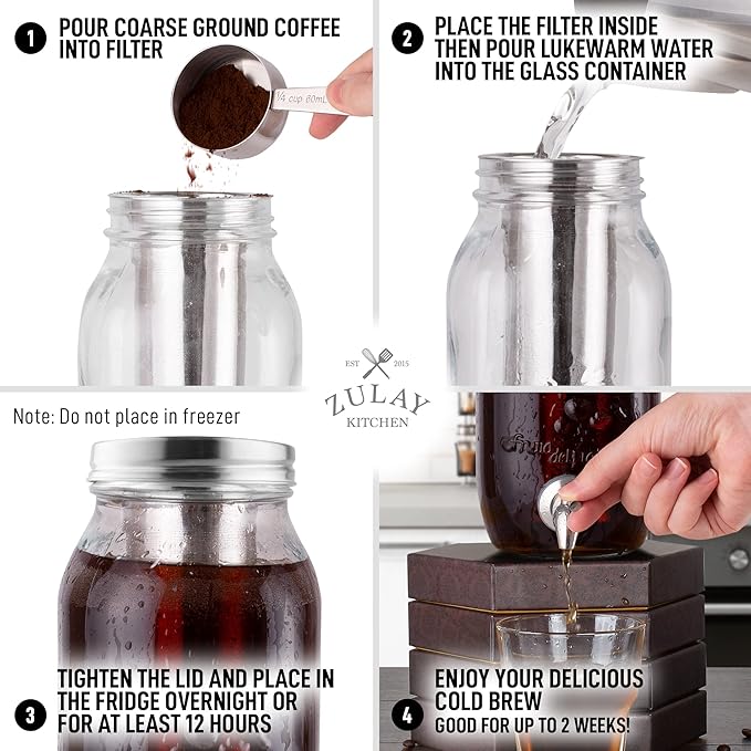Zulay Kitchen 1.5 Liter Cold Brew Coffee Maker with EXTRA-THICK Glass Carafe &amp Stainless Steel Mesh Filter - Premium Iced Coffee Maker Cold Brew Pitcher &amp Tea Infuser