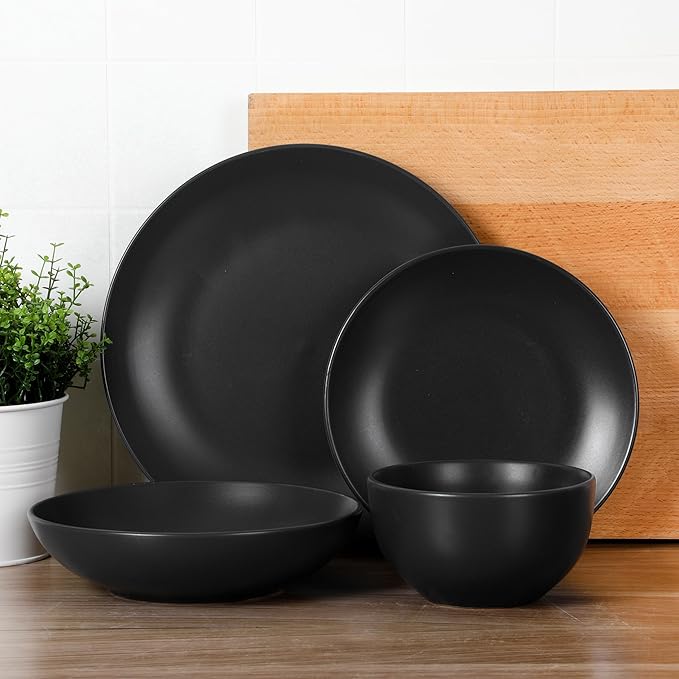 Gibson Home Queenslane 16-Piece Matte Black Stoneware Dinnerware Set – Double Bowl Plates and Bowls Durable Kitchen Dinner Set