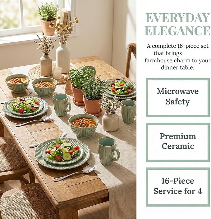 16-Piece Dinnerware Set for 4 Ceramic Plates Bowls and Mugs Dishwasher &amp Microwave Safe Ideal for Family Dinners Parties and Everyday Use Green
