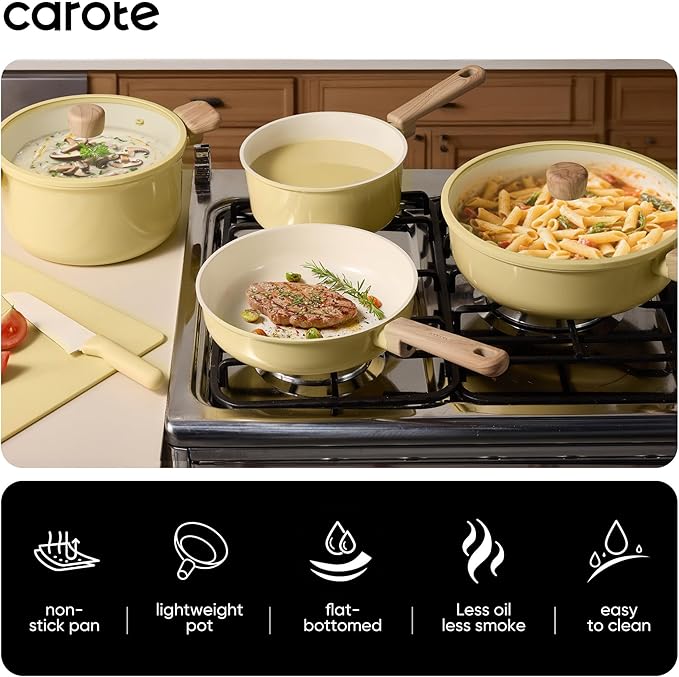 CAROTE 24pcs Ceramic Cookware Set Pots and Pans Non Stick Kitchen Cookware Sets Pots and Pans Set Cooking Set with Knife Set